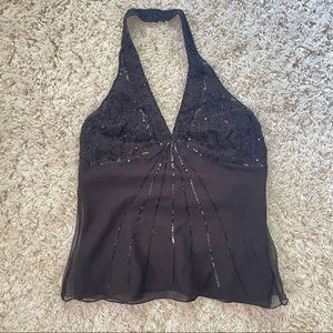 Y2K Black Halter Embroidered Beaded Top Sleeveless